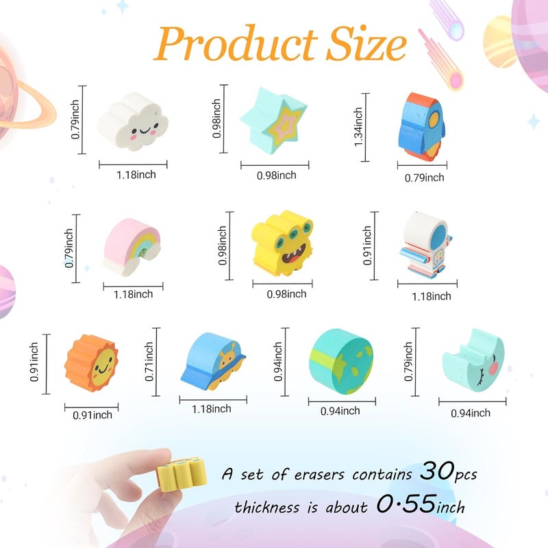 Wolpark 30 PCS Pencil Top Erasers for Kids Bulk Cute Space Rocket Earth Eraser Caps Alien Pencil Eraser Tops for Kids Erasers Toppers for School Party Favors Back to School Supplies - Image 3